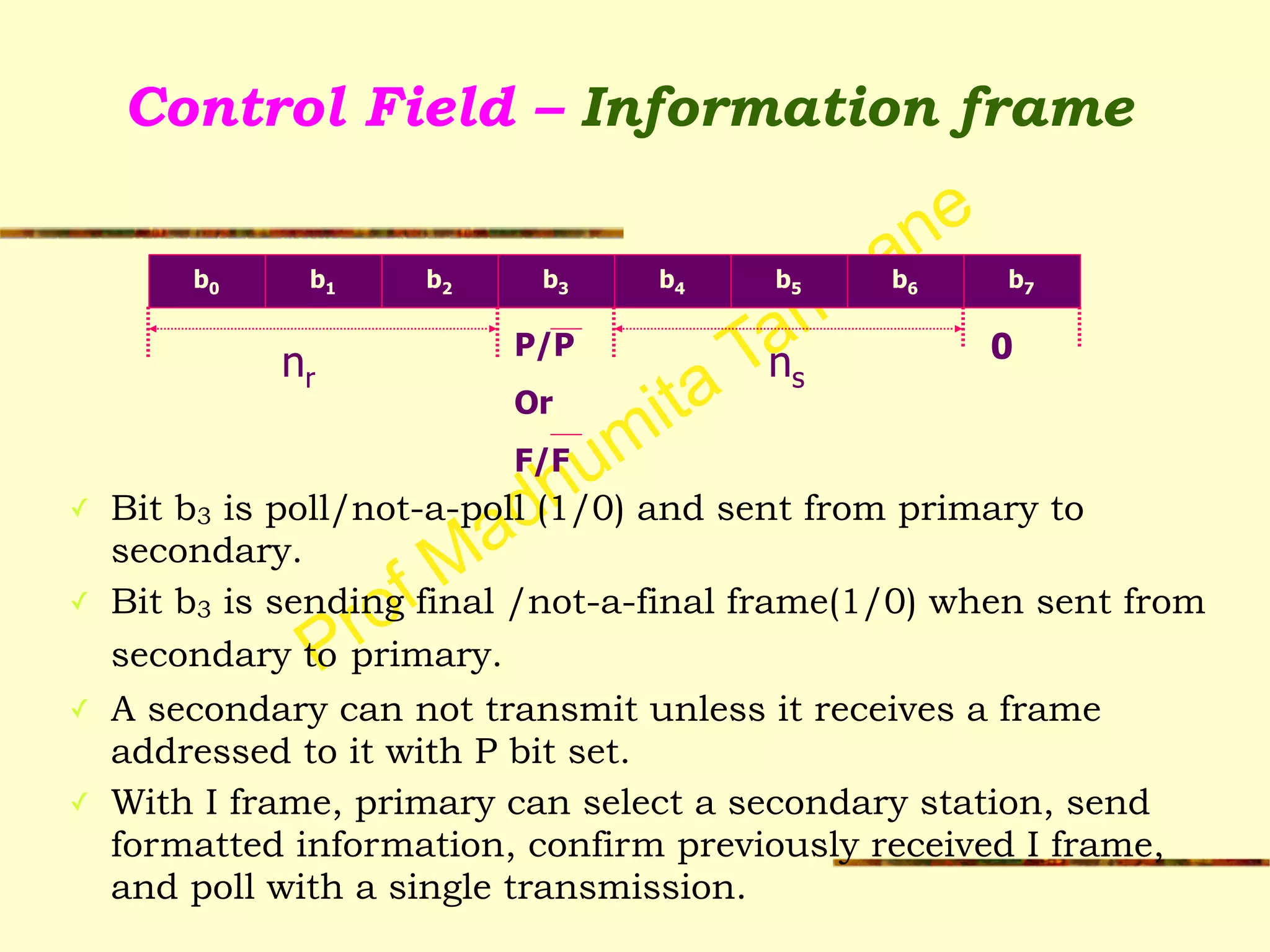 Prof Madhumita Tamhane
Control Field – Information frame
✓ Bit b3 is poll/not-a-poll (1/0) and sent from primary to
secondary.
✓ Bit b3 is sending final /not-a-final frame(1/0) when sent from
secondary to primary.
✓ A secondary can not transmit unless it receives a frame
addressed to it with P bit set.
✓ With I frame, primary can select a secondary station, send
formatted information, confirm previously received I frame,
and poll with a single transmission.
P/P
Or
F/F
b0 b1 b2 b3 b4 b5
nr
0
b6 b7
ns
 