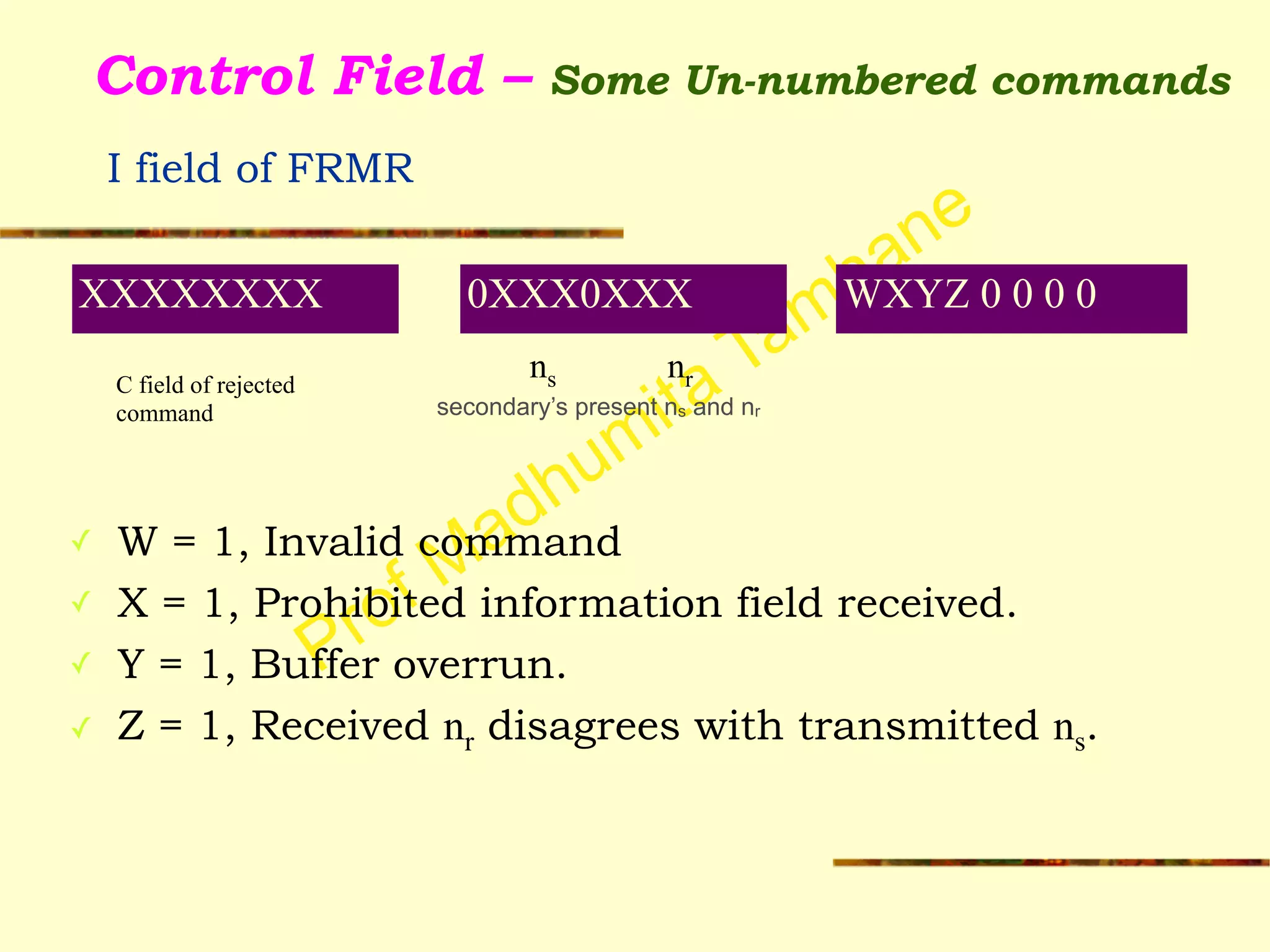 Prof Madhumita Tamhane
Control Field – Some Un-numbered commands 
I field of FRMR
!
!
!
✓ W = 1, Invalid command
✓ X = 1, Prohibited information field received.
✓ Y = 1, Buffer overrun.
✓ Z = 1, Received nr disagrees with transmitted ns.
XXXXXXXX 0XXX0XXX WXYZ 0 0 0 0
C field of rejected
command
ns nr
secondary’s present ns and nr
 