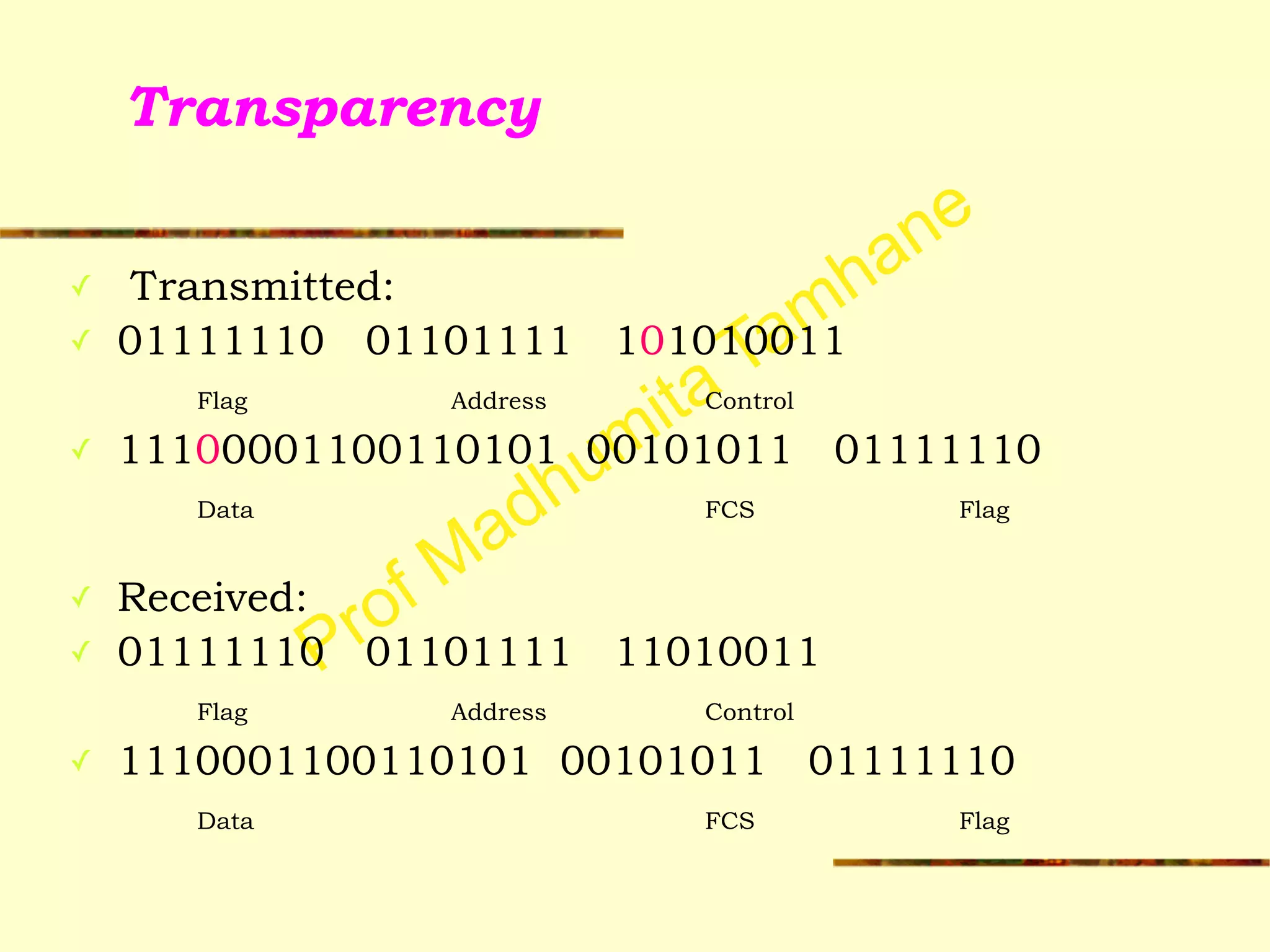 Prof Madhumita Tamhane
Transparency
✓ Transmitted:
✓ 01111110 01101111 101010011
Flag Address Control
✓ 11100001100110101 00101011 01111110
Data FCS Flag
!
✓ Received:
✓ 01111110 01101111 11010011
Flag Address Control
✓ 1110001100110101 00101011 01111110
Data FCS Flag
 