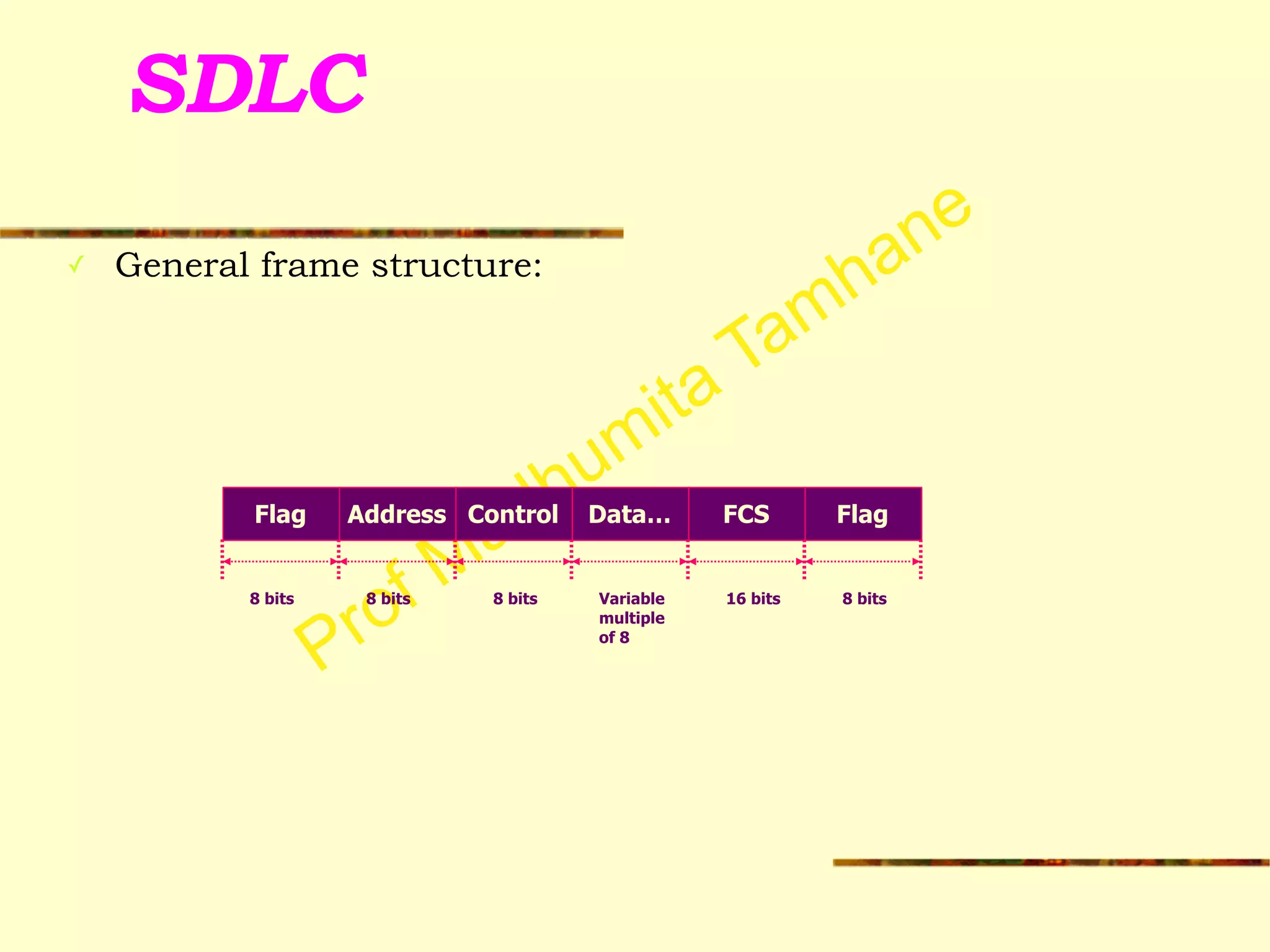 Prof Madhumita Tamhane
SDLC
✓ General frame structure:
Flag Address Control Data… FCS Flag
8 bits 8 bits 8 bits Variable
multiple
of 8
16 bits 8 bits
 