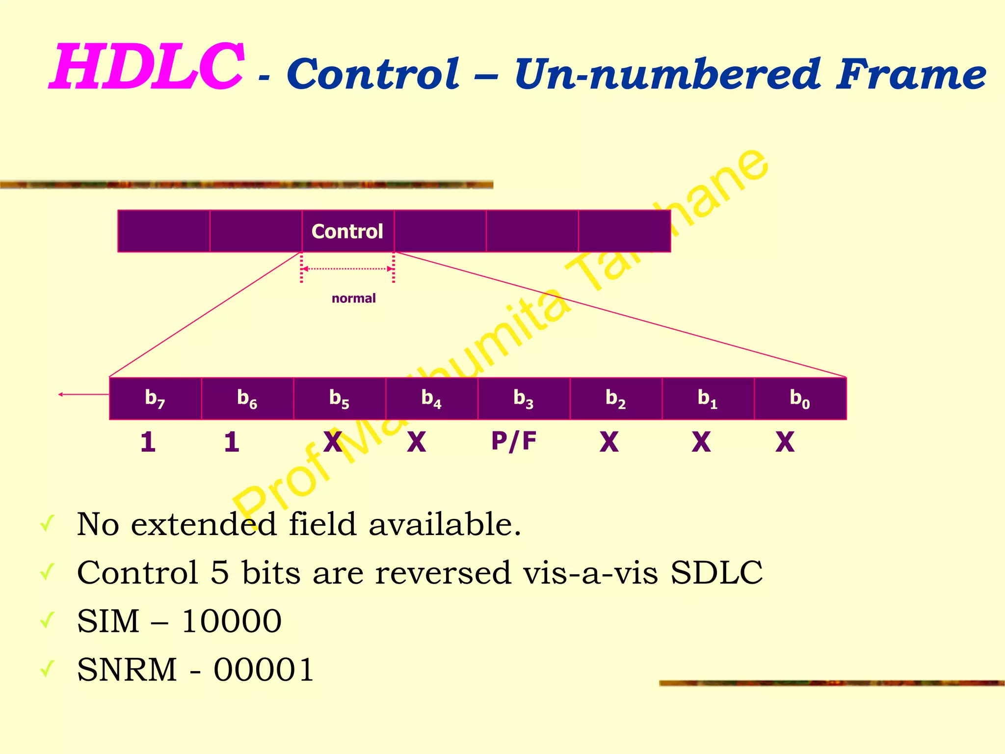Prof Madhumita Tamhane
HDLC - Control – Un-numbered Frame 
!
!
!
!
!
!
✓ No extended field available.
✓ Control 5 bits are reversed vis-a-vis SDLC
✓ SIM – 10000
✓ SNRM - 00001
Control
normal
P/F
b7 b6 b5 b4 b3 b2 b1 b0
1 X1 X X X X
 