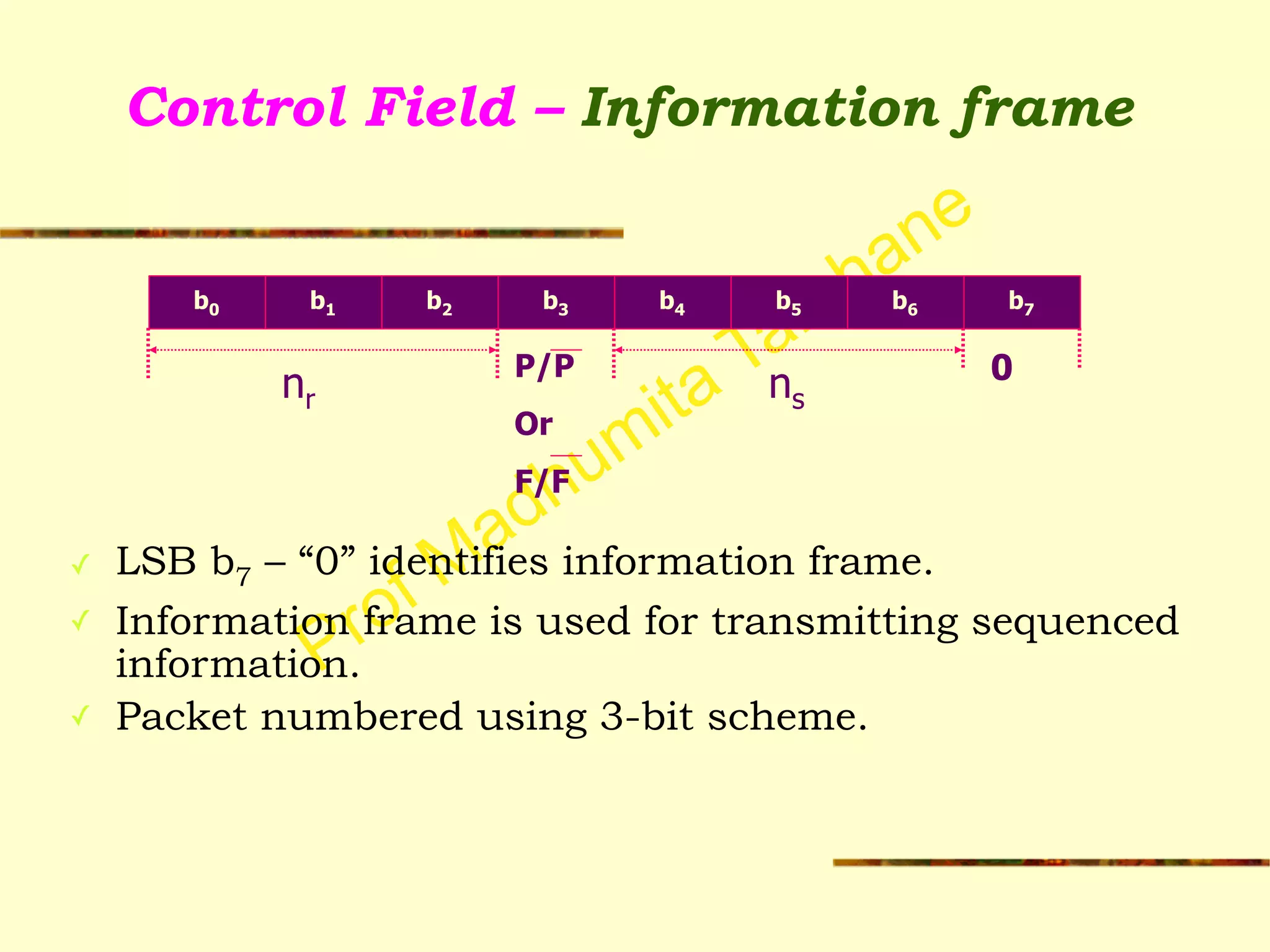 Prof Madhumita Tamhane
Control Field – Information frame
!
!
!
!
!
✓ LSB b7 – “0” identifies information frame.
✓ Information frame is used for transmitting sequenced
information.
✓ Packet numbered using 3-bit scheme.
!
P/P
Or
F/F
b0 b1 b2 b3 b4 b5
nr
0
b6 b7
ns
 