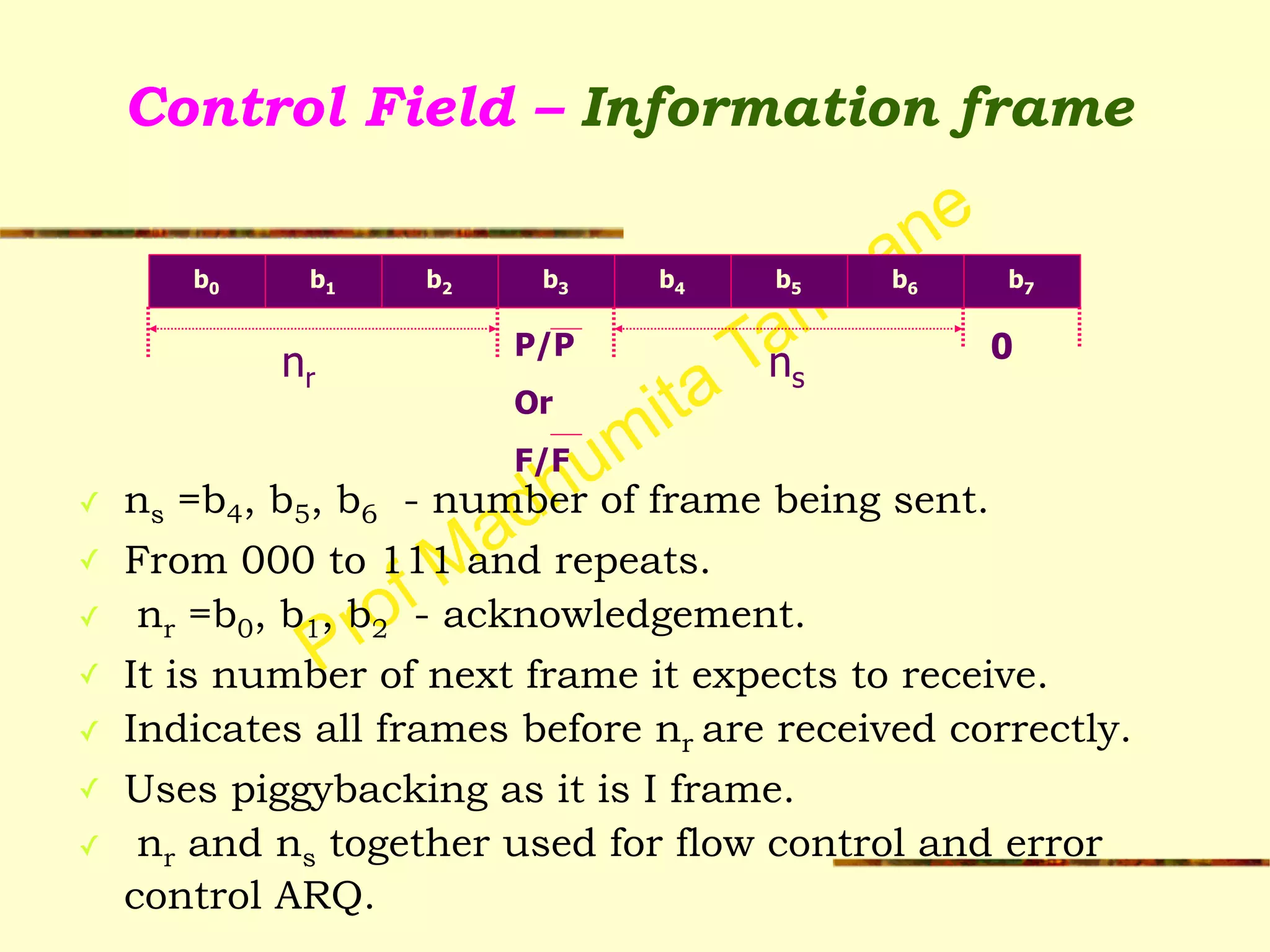 Prof Madhumita Tamhane
Control Field – Information frame
✓ ns =b4, b5, b6 - number of frame being sent.
✓ From 000 to 111 and repeats.
✓ nr =b0, b1, b2 - acknowledgement.
✓ It is number of next frame it expects to receive.
✓ Indicates all frames before nr are received correctly.
✓ Uses piggybacking as it is I frame.
✓ nr and ns together used for flow control and error
control ARQ.
P/P
Or
F/F
b0 b1 b2 b3 b4 b5
nr
0
b6 b7
ns
 