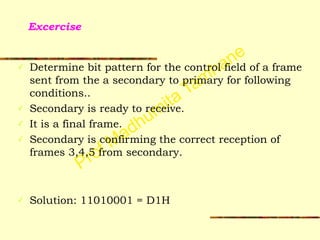 Prof Madhumita Tamhane
Excercise
✓ Determine bit pattern for the control field of a frame
sent from the a secondary to primary for following
conditions..
✓ Secondary is ready to receive.
✓ It is a final frame.
✓ Secondary is confirming the correct reception of
frames 3,4,5 from secondary.
!
!
✓ Solution: 11010001 = D1H
 