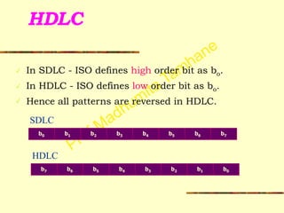 Prof Madhumita Tamhane
HDLC
✓ In SDLC - ISO defines high order bit as bo.
✓ In HDLC - ISO defines low order bit as bo.
✓ Hence all patterns are reversed in HDLC.
b0 b1 b2 b3 b4 b5 b6 b7
SDLC
b7 b6 b5 b4 b3 b2 b1 b0
HDLC
 