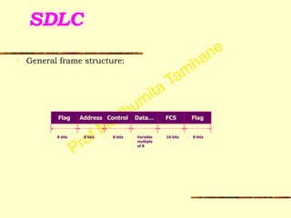 Prof Madhumita Tamhane
SDLC
✓ General frame structure:
Flag Address Control Data… FCS Flag
8 bits 8 bits 8 bits Variable
multiple
of 8
16 bits 8 bits
 