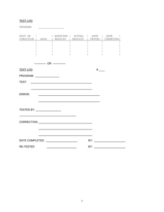8
TEST LOG
PROGRAM: ________________
TEST OR | | EXPECTED | ACTUAL | DATE | DATE |
CONDITION | DATA | RESULTS | RESULTS | TESTED | CORRECTED|
| | | | | |
| | | | | |
| | | | | |
| | | | | |
| | | | | |
------------- OR --------------
TEST LOG # ____
PROGRAM: ________________
TEST: _________________________________________
_________________________________________
ERROR: _________________________________________
_________________________________________
TESTED BY: _________________
----------------------------------------------------------------
CORRECTION: ____________________________________
____________________________________
____________________________________
DATE COMPLETED: _____________________ BY: _____________________
RE-TESTED ____________________ BY: _____________________
 