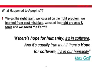 What Happened to Apophis??
We got the right team, we focused on the right problem, we
learned from past mistakes, we used the right process &
tools and we saved the Earth!!
“If there’s hope for humanity, it’s in software.
And it’s equally true that if there’s Hope
for software, it’s in our humanity”
Max Goff
34
 