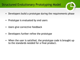 Paghdalyogesh@gmail.com
Structured Evolutionary Prototyping Model
• Developers build a prototype during the requirements phase
• Prototype is evaluated by end users
• Users give corrective feedback
• Developers further refine the prototype
• When the user is satisfied, the prototype code is brought up
to the standards needed for a final product.
 