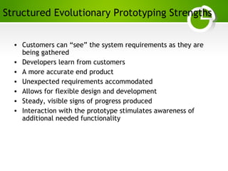 Paghdalyogesh@gmail.com
Structured Evolutionary Prototyping Strengths
• Customers can “see” the system requirements as they are
being gathered
• Developers learn from customers
• A more accurate end product
• Unexpected requirements accommodated
• Allows for flexible design and development
• Steady, visible signs of progress produced
• Interaction with the prototype stimulates awareness of
additional needed functionality
 