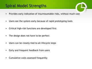 Paghdalyogesh@gmail.com
Spiral Model Strengths
• Provides early indication of insurmountable risks, without much cost
• Users see the system early because of rapid prototyping tools
• Critical high-risk functions are developed first
• The design does not have to be perfect
• Users can be closely tied to all lifecycle steps
• Early and frequent feedback from users
• Cumulative costs assessed frequently
 