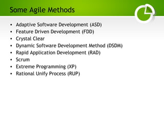 Paghdalyogesh@gmail.com
Some Agile Methods
• Adaptive Software Development (ASD)
• Feature Driven Development (FDD)
• Crystal Clear
• Dynamic Software Development Method (DSDM)
• Rapid Application Development (RAD)
• Scrum
• Extreme Programming (XP)
• Rational Unify Process (RUP)
 