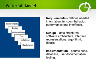 Paghdalyogesh@gmail.com
Waterfall Model
• Requirements – defines needed
information, function, behavior,
performance and interfaces.
• Design – data structures,
software architecture, interface
representations, algorithmic
details.
• Implementation – source code,
database, user documentation,
testing.
 