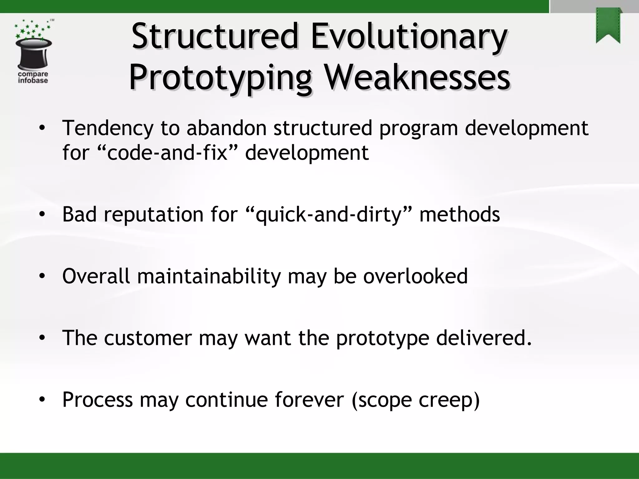 Structured Evolutionary Prototyping Weaknesses Tendency to abandon structured program development for “code-and-fix” development Bad reputation for “quick-and-dirty” methods Overall maintainability may be overlooked The customer may want the prototype delivered. Process may continue forever (scope creep) 