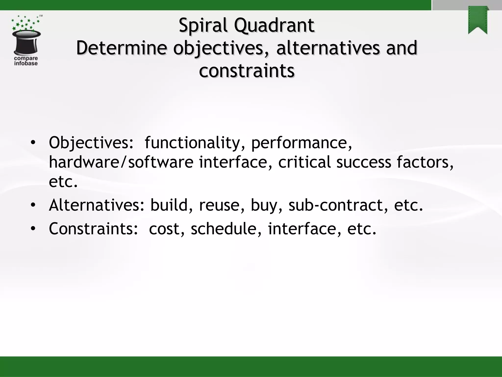Spiral Quadrant Determine objectives, alternatives and constraints Objectives:  functionality, performance, hardware/software interface, critical success factors, etc. Alternatives: build, reuse, buy, sub-contract, etc. Constraints:  cost, schedule, interface, etc. 