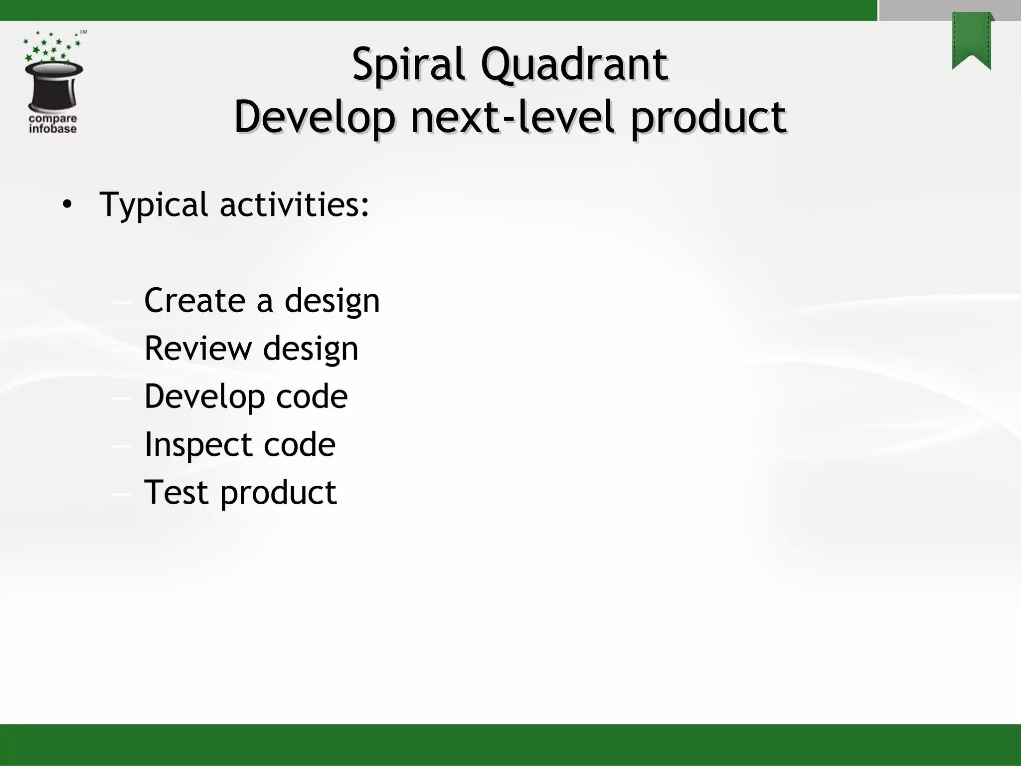 Spiral Quadrant Develop next-level product Typical activities: Create a design Review design Develop code Inspect code Test product 