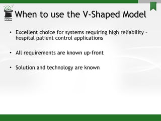 When to use the V-Shaped Model Excellent choice for systems requiring high reliability – hospital patient control applications All requirements are known up-front Solution and technology are known 