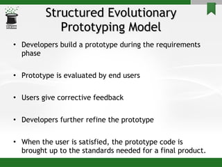Structured Evolutionary Prototyping Model Developers build a prototype during the requirements phase Prototype is evaluated by end users Users give corrective feedback  Developers further refine the prototype When the user is satisfied, the prototype code is brought up to the standards needed for a final product. 