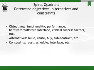 Spiral Quadrant Determine objectives, alternatives and constraints Objectives:  functionality, performance, hardware/software interface, critical success factors, etc. Alternatives: build, reuse, buy, sub-contract, etc. Constraints:  cost, schedule, interface, etc. 