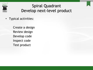 Spiral Quadrant Develop next-level product Typical activities: Create a design Review design Develop code Inspect code Test product 
