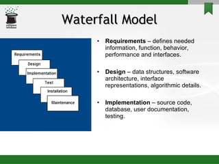 Waterfall Model Requirements  – defines needed information, function, behavior, performance and interfaces. Design  – data structures, software architecture, interface representations, algorithmic details. Implementation  – source code, database, user documentation, testing. 