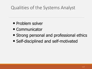 Qualities of the Systems Analyst
1-17
• Problem solver
• Communicator
• Strong personal and professional ethics
• Self-disciplined and self-motivated
 