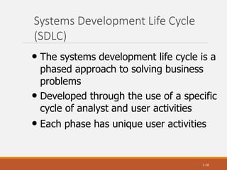 Systems Development Life Cycle
(SDLC)
1-18
• The systems development life cycle is a
phased approach to solving business
problems
• Developed through the use of a specific
cycle of analyst and user activities
• Each phase has unique user activities
 