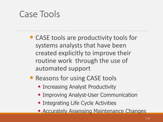 Case Tools
• CASE tools are productivity tools for
systems analysts that have been
created explicitly to improve their
routine work through the use of
automated support
• Reasons for using CASE tools
• Increasing Analyst Productivity
• Improving Analyst-User Communication
• Integrating Life Cycle Activities
• Accurately Assessing Maintenance Changes
1-32
 