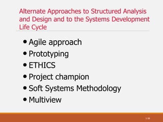 Alternate Approaches to Structured Analysis
and Design and to the Systems Development
Life Cycle
•Agile approach
• Prototyping
• ETHICS
• Project champion
• Soft Systems Methodology
• Multiview
1-38
 