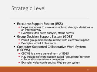 Strategic Level
1-8
• Executive Support System (ESS)
• Helps executives to make unstructured strategic decisions in
an informed way
• Examples: drill-down analysis, status access
• Group Decision Support System (GDSS)
• Permit group members to interact with electronic support
• Examples: email, Lotus Notes
• Computer-Supported Collaborative Work System
(CSCWS)
• CDCWS is a more general term of GDSS
• May include software support called “groupware” for team
collaboration via network computers
• Example: video conferencing, Web survey system
 