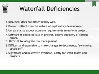 Waterfall Deficiencies 1.Idealised, does not match reality well. 2.Doesn’t reflect iterative nature of exploratory development. 3.Unrealistic to expect accurate requirements so early in project 4.Software is delivered late in project, delays discovery of serious errors. 5. Difficult to integrate risk management 6.Difficult and expensive to make changes to documents, ”swimming upstream”. 7.Significant administrative overhead, costly for small teams and projects. 