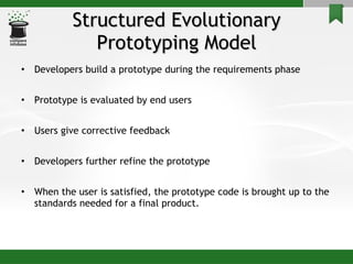 Structured Evolutionary Prototyping Model Developers build a prototype during the requirements phase Prototype is evaluated by end users Users give corrective feedback  Developers further refine the prototype When the user is satisfied, the prototype code is brought up to the standards needed for a final product. 