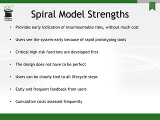 Spiral Model Strengths Provides early indication of insurmountable risks, without much cost Users see the system early because of rapid prototyping tools Critical high-risk functions are developed first The design does not have to be perfect  Users can be closely tied to all lifecycle steps Early and frequent feedback from users Cumulative costs assessed frequently  