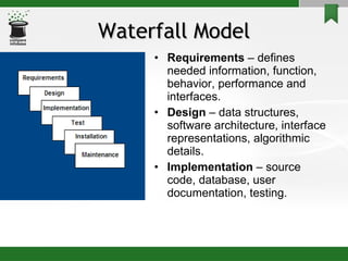 Waterfall Model Requirements  – defines needed information, function, behavior, performance and interfaces. Design  – data structures, software architecture, interface representations, algorithmic details. Implementation  – source code, database, user documentation, testing. 