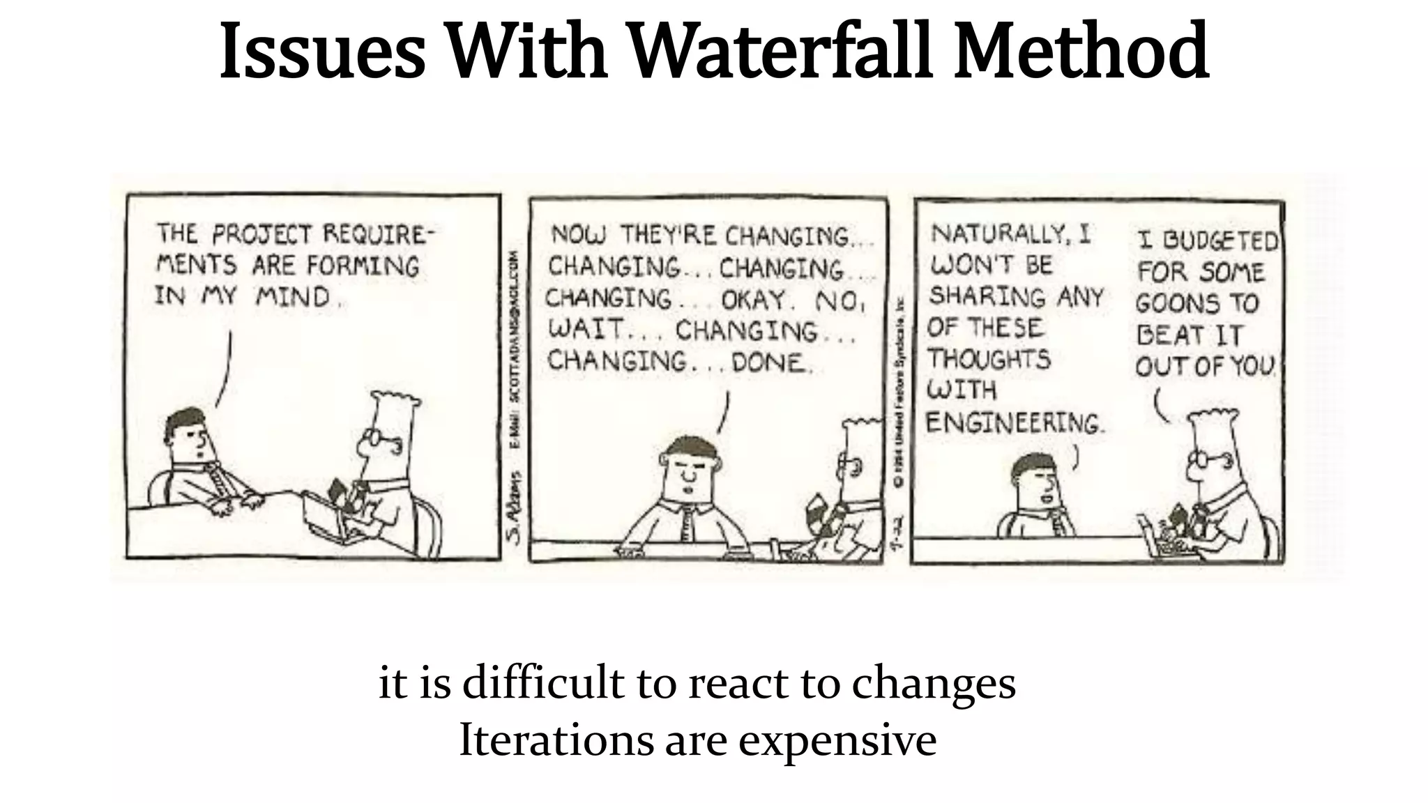 Issues With Waterfall Method
it is difficult to react to changes
Iterations are expensive
 