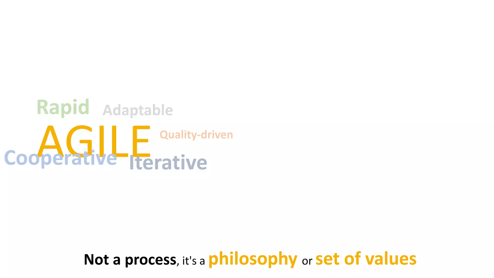 AGILEIterative
AdaptableRapid
Cooperative
Quality-driven
Not a process, it's a philosophy or set of values
 