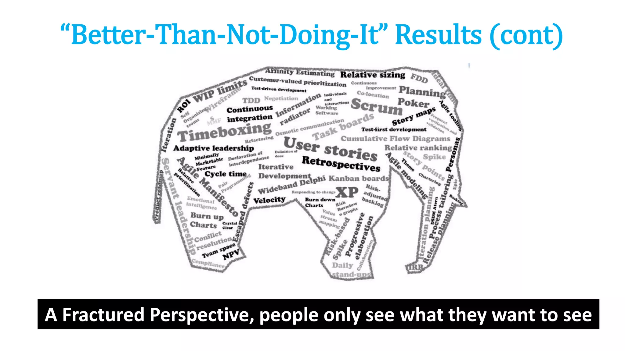 “Better-Than-Not-Doing-It” Results (cont)
A Fractured Perspective, people only see what they want to see
 