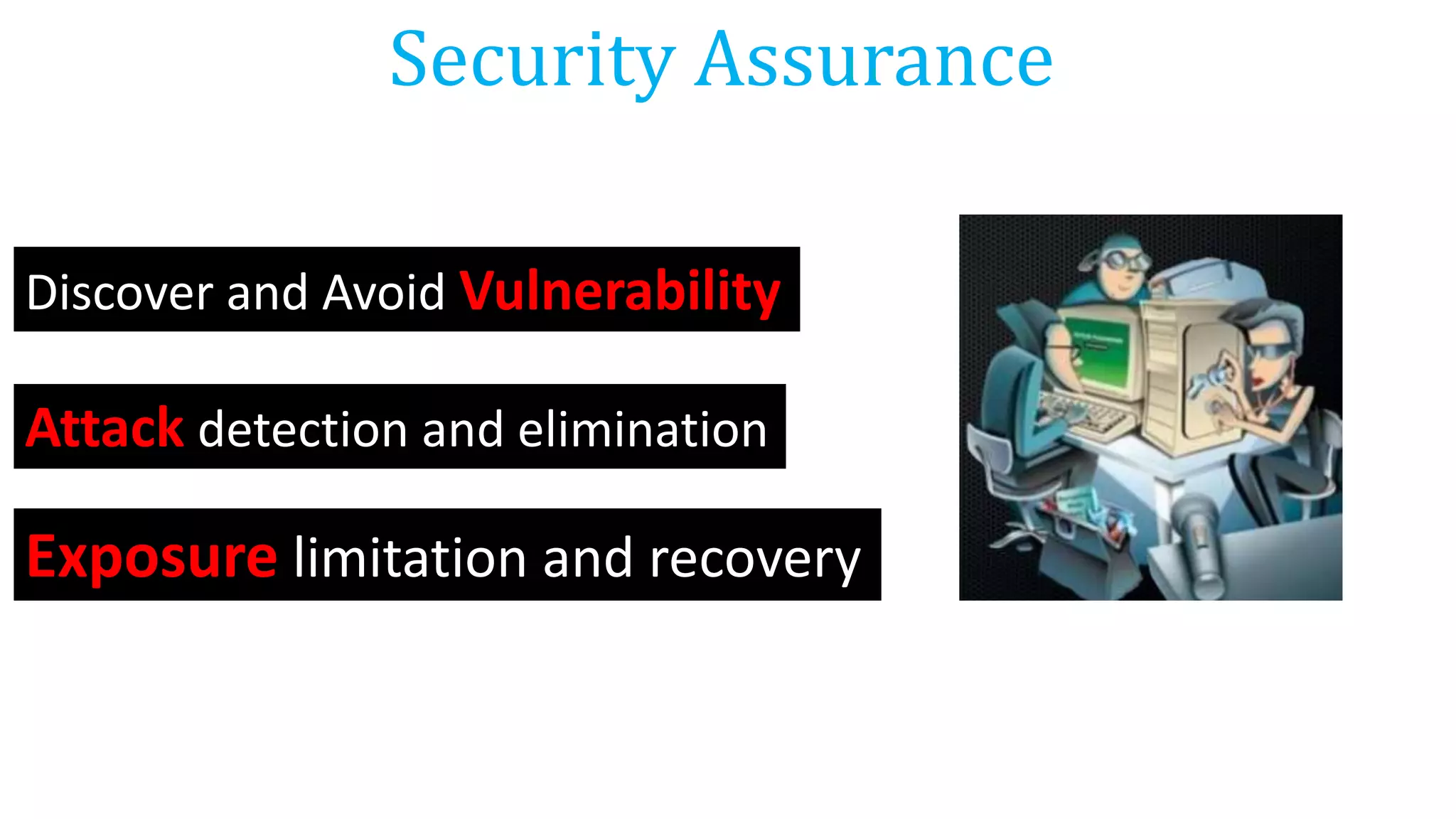 Security Assurance
Discover and Avoid Vulnerability
Attack detection and elimination
Exposure limitation and recovery
 