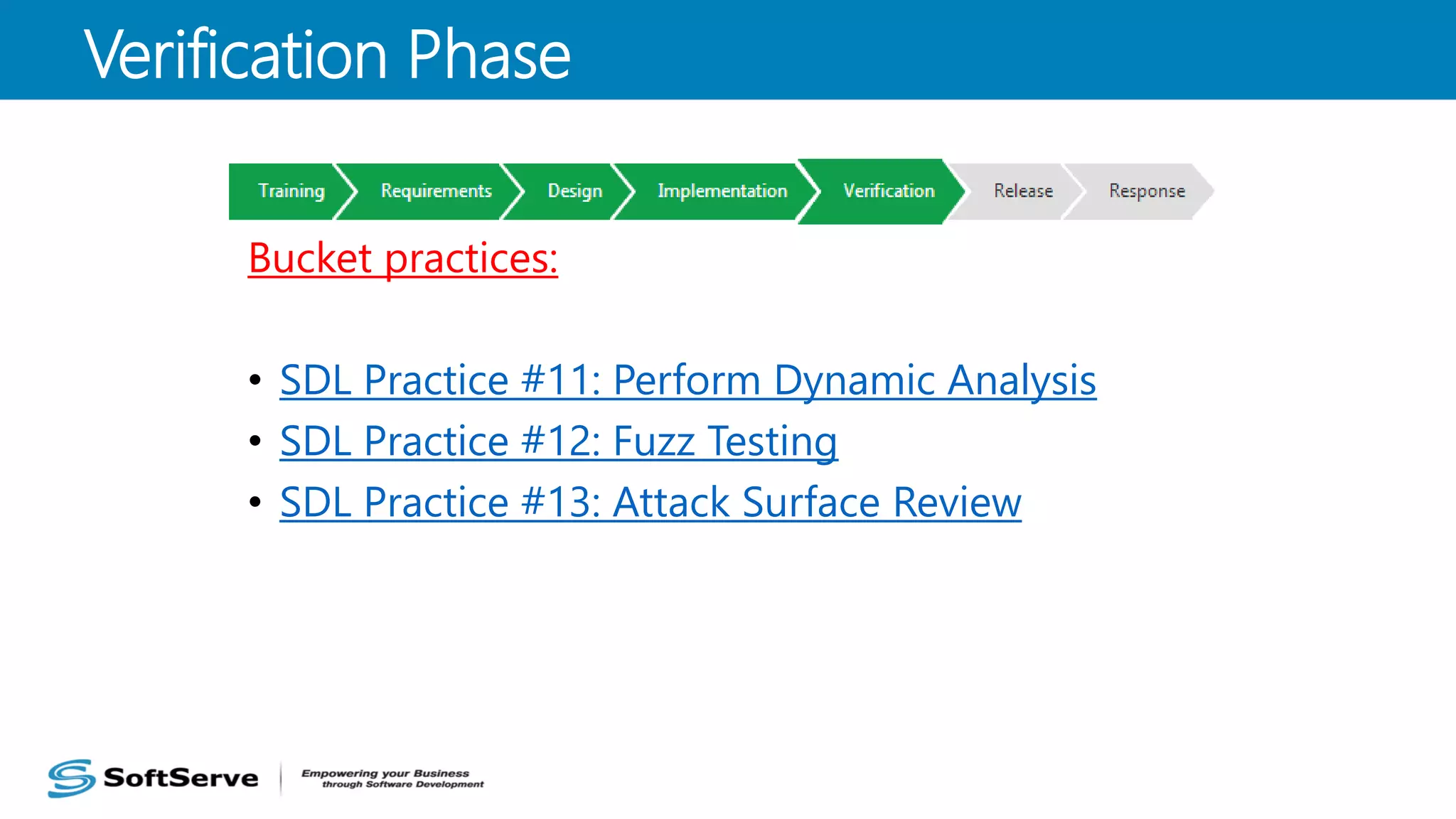 Bucket practices:
• SDL Practice #11: Perform Dynamic Analysis
• SDL Practice #12: Fuzz Testing
• SDL Practice #13: Attack Surface Review
Verification Phase
 