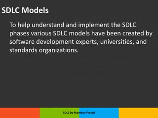 SDLC Models
To help understand and implement the SDLC
phases various SDLC models have been created by
software development experts, universities, and
standards organizations.
SDLC by Manohar Prasad
 