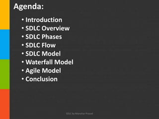 Slide Title
• Make Effective Presentations
• Using Awesome Backgrounds
• Engage your Audience
• Capture Audience Attention
Agenda:
• Introduction
• SDLC Overview
• SDLC Phases
• SDLC Flow
• SDLC Model
• Waterfall Model
• Agile Model
• Conclusion
SDLC by Manohar Prasad
 
