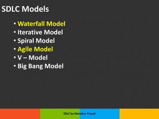 SDLC Models
• Waterfall Model
• Iterative Model
• Spiral Model
• Agile Model
• V – Model
• Big Bang Model
SDLC by Manohar Prasad
 