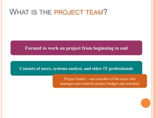 WHAT IS THE PROJECT TEAM?
Consists of users, systems analyst, and other IT professionals
Formed to work on project from beginning to end
Project leader—one member of the team who
manages and controls project budget and schedule
 