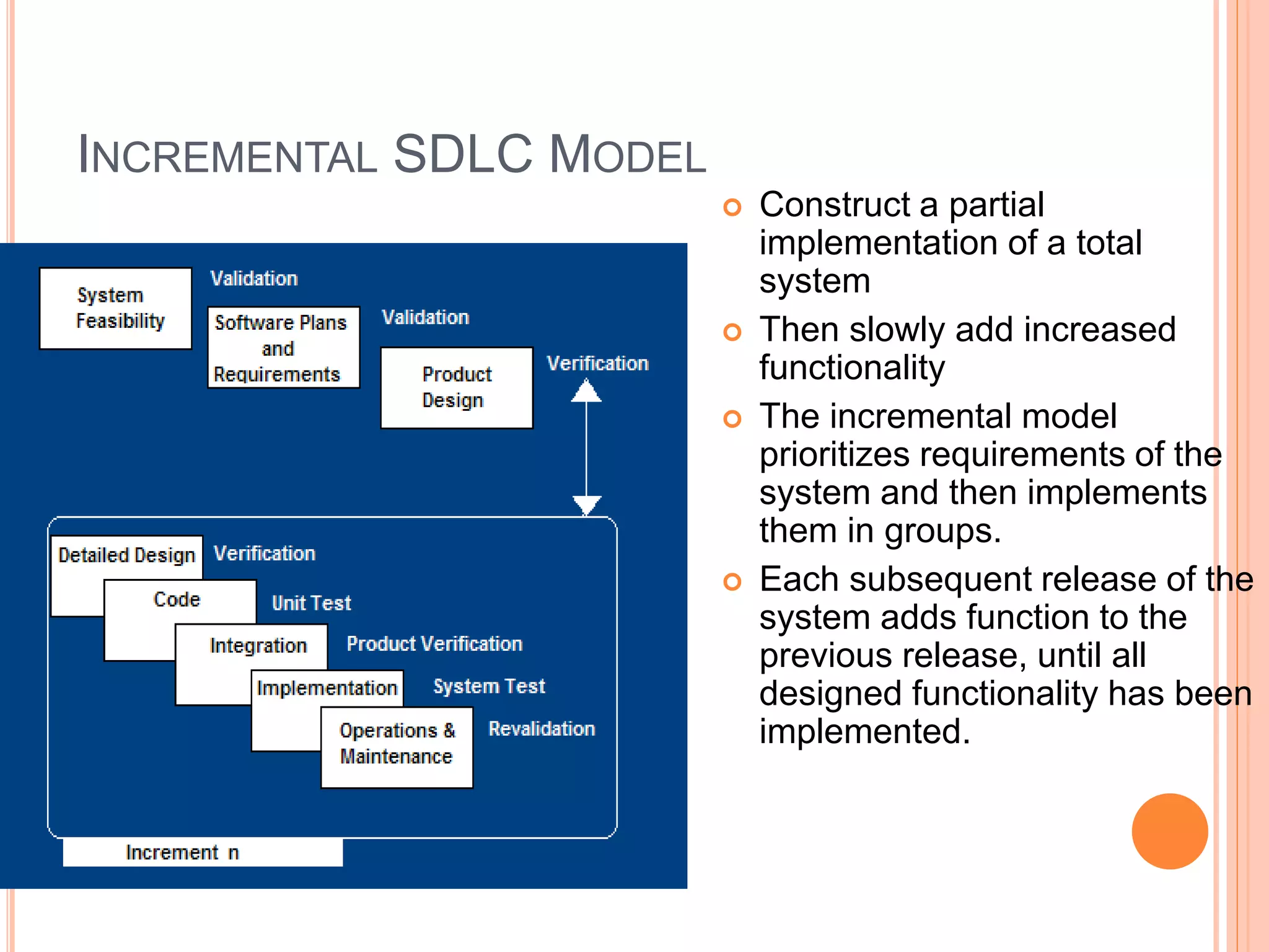 INCREMENTAL SDLC MODEL
 Construct a partial
implementation of a total
system
 Then slowly add increased
functionality
 The incremental model
prioritizes requirements of the
system and then implements
them in groups.
 Each subsequent release of the
system adds function to the
previous release, until all
designed functionality has been
implemented.
 