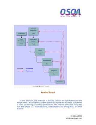 Version Second




    In this approach, the prototype is actually used as the specifications for the
design phase. This advantage of this approach is speed and accuracy, as not time
is spent on drawing up written specifications. The inherent difficulties associated
with that phase (i.e. incompleteness, contradictions and ambiguities) are then
avoided.



                                                                   © OSQA 2009
                                                              info@onestopqa.com
 