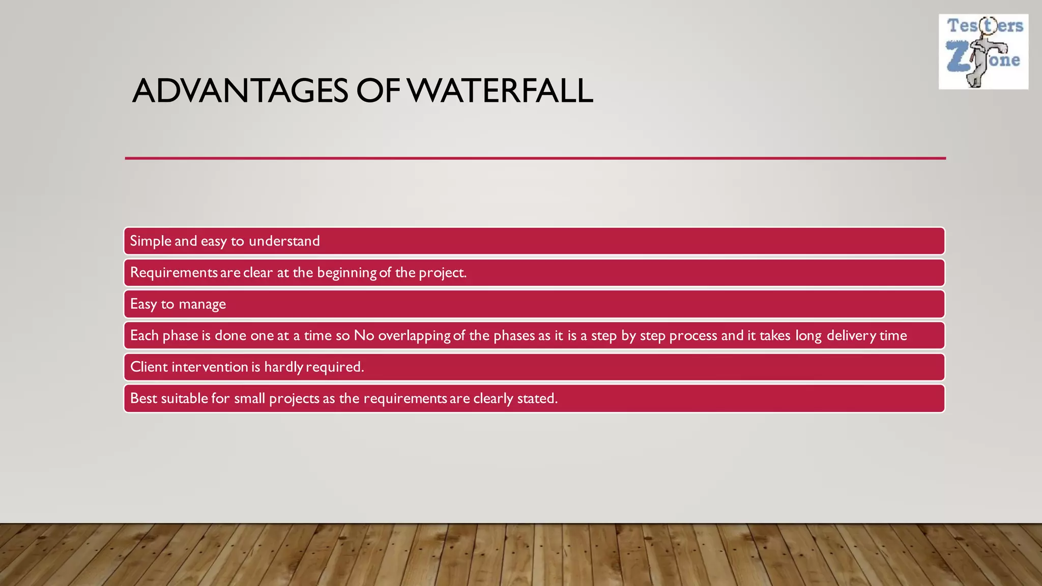 ADVANTAGES OF WATERFALL
Simple and easy to understand
Requirementsare clear at the beginning of the project.
Easy to manage
Each phase is done one at a time so No overlapping of the phases as it is a step by step process and it takes long delivery time
Client intervention is hardlyrequired.
Best suitable for small projects as the requirementsare clearly stated.
 