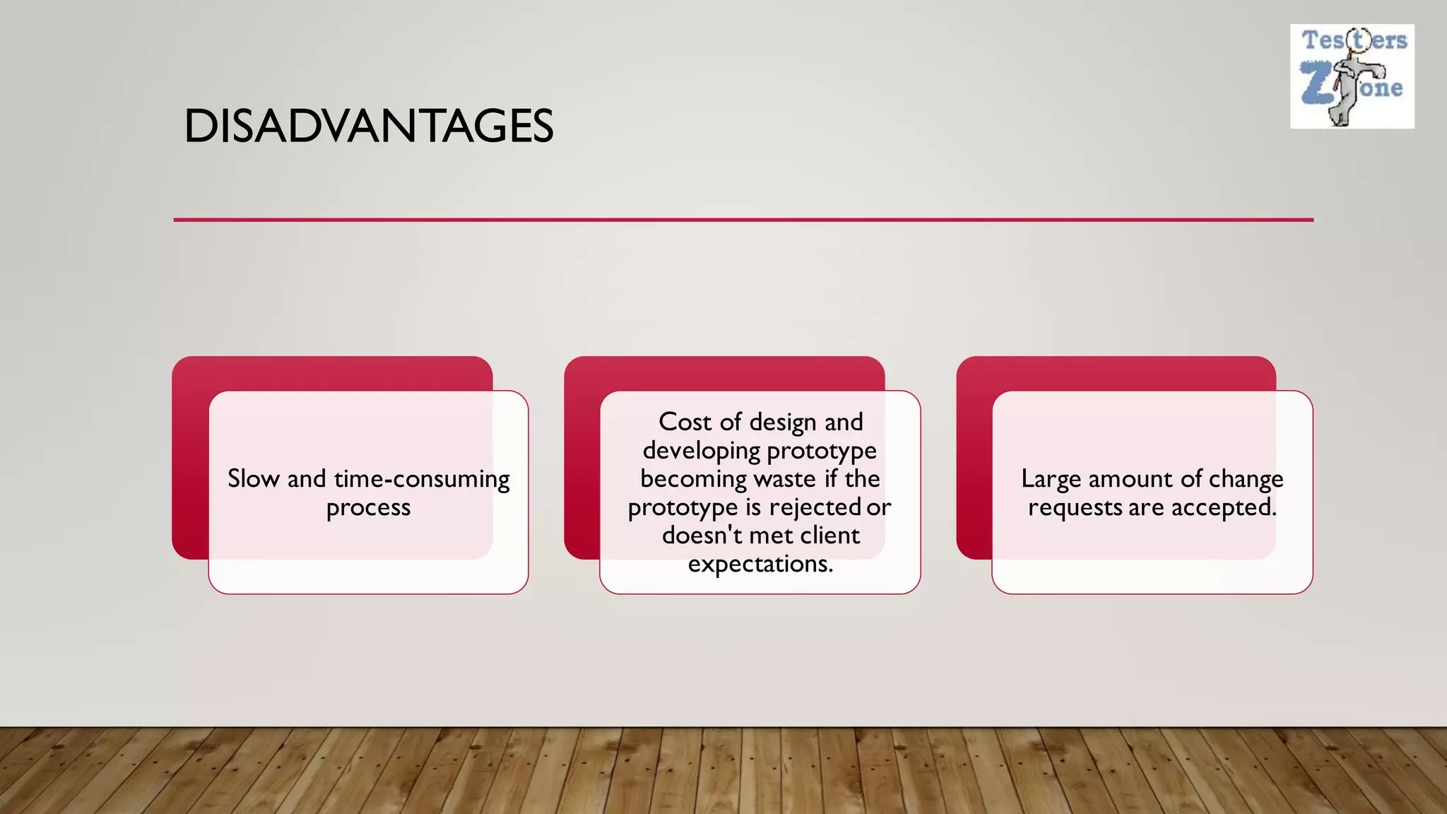 DISADVANTAGES
Slow and time-consuming
process
Cost of design and
developing prototype
becoming waste if the
prototype is rejected or
doesn't met client
expectations.
Large amount of change
requests are accepted.
 