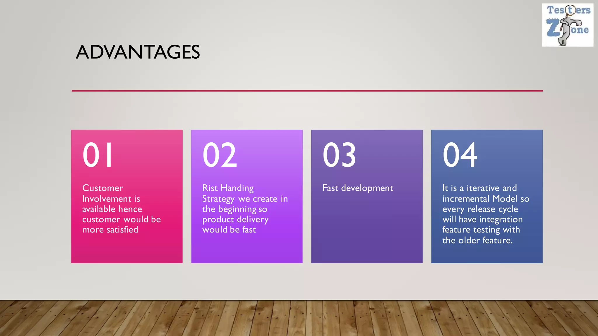 ADVANTAGES
Customer
Involvement is
available hence
customer would be
more satisfied
01
Rist Handing
Strategy we create in
the beginning so
product delivery
would be fast
02
Fast development
03
It is a iterative and
incremental Model so
every release cycle
will have integration
feature testing with
the older feature.
04
 