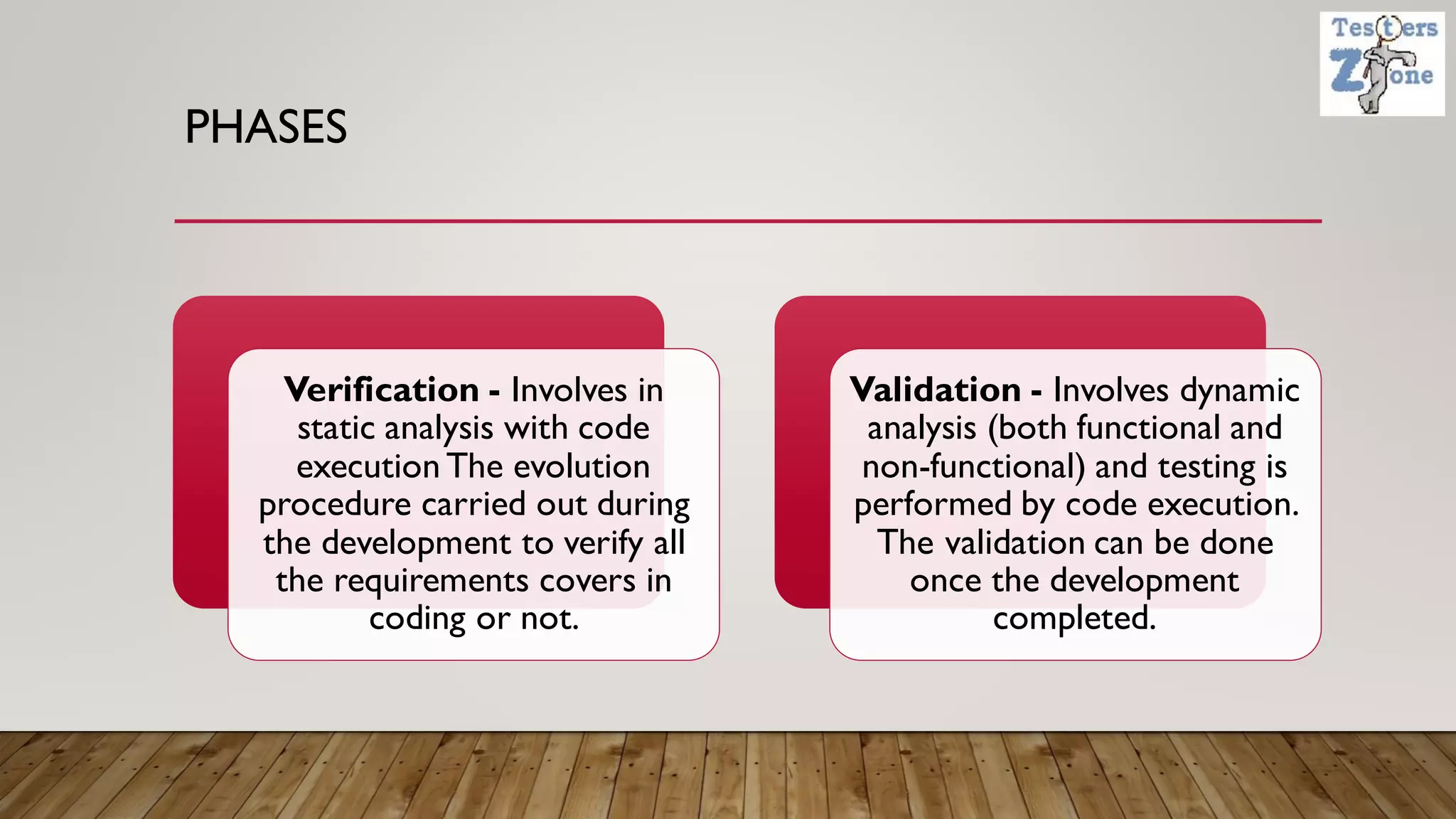 PHASES
Verification - Involves in
static analysis with code
execution The evolution
procedure carried out during
the development to verify all
the requirements covers in
coding or not.
Validation - Involves dynamic
analysis (both functional and
non-functional) and testing is
performed by code execution.
The validation can be done
once the development
completed.
 
