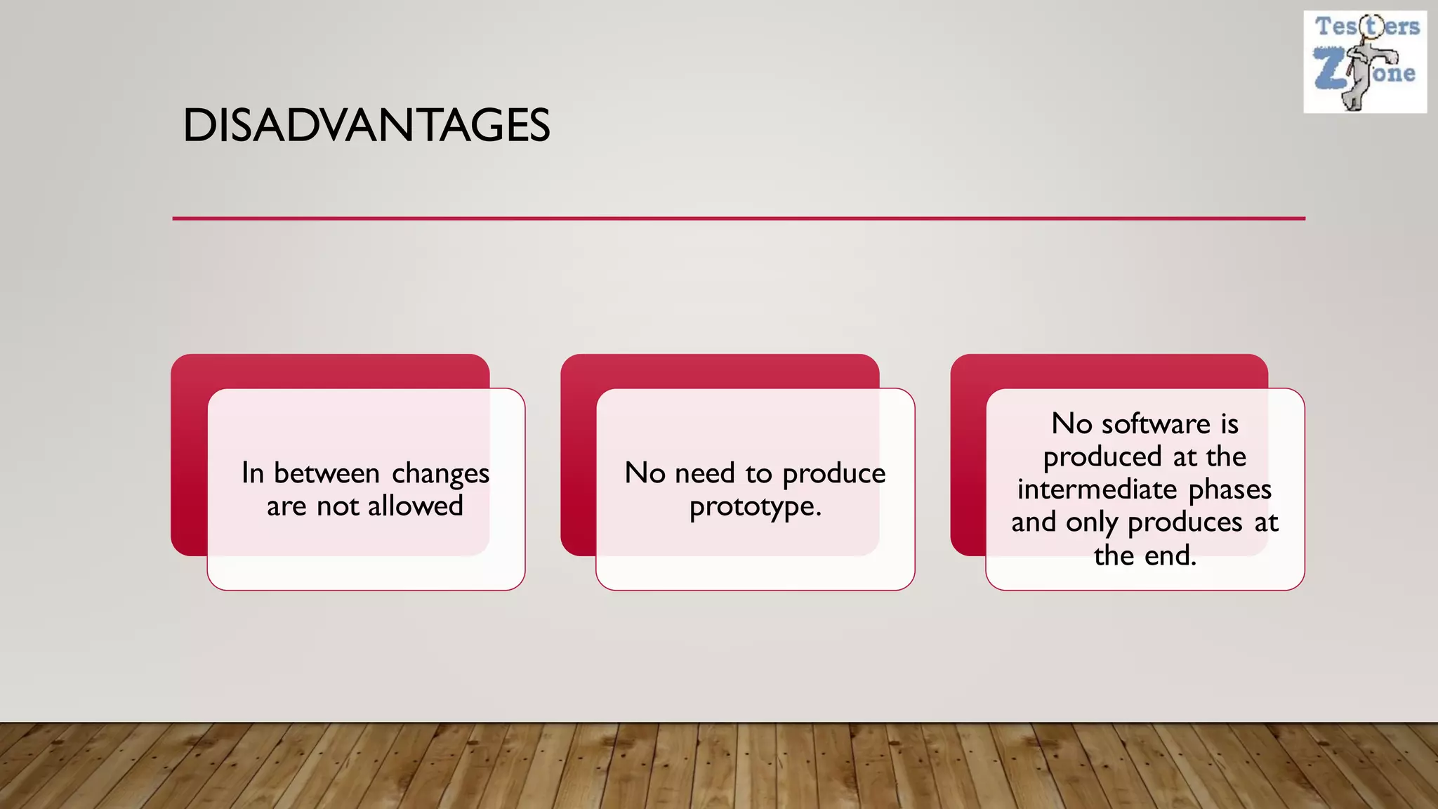 DISADVANTAGES
In between changes
are not allowed
No need to produce
prototype.
No software is
produced at the
intermediate phases
and only produces at
the end.
 